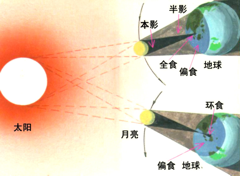 日全食分为初亏,食既,食甚,生光,复原五个阶段.